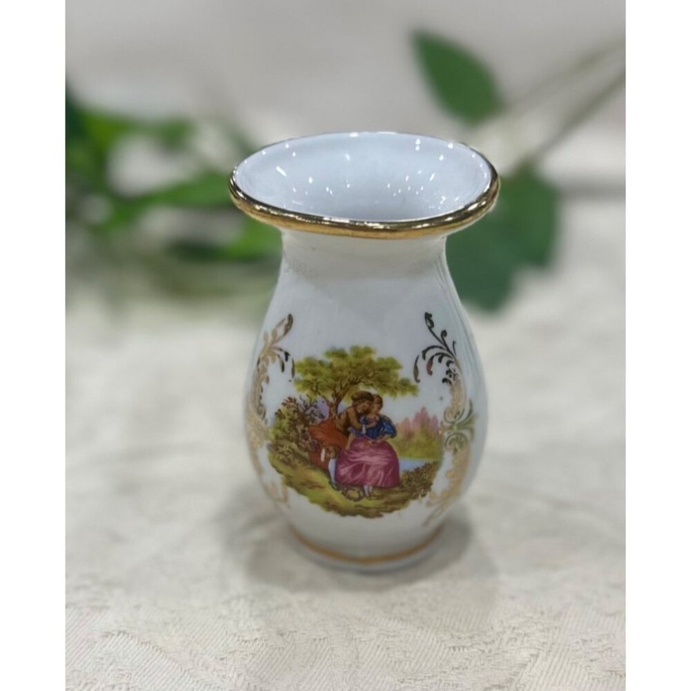 Mini Tiny  Spanish Porcelain Vase With Gold Rim & Pastoral Scene Guillen